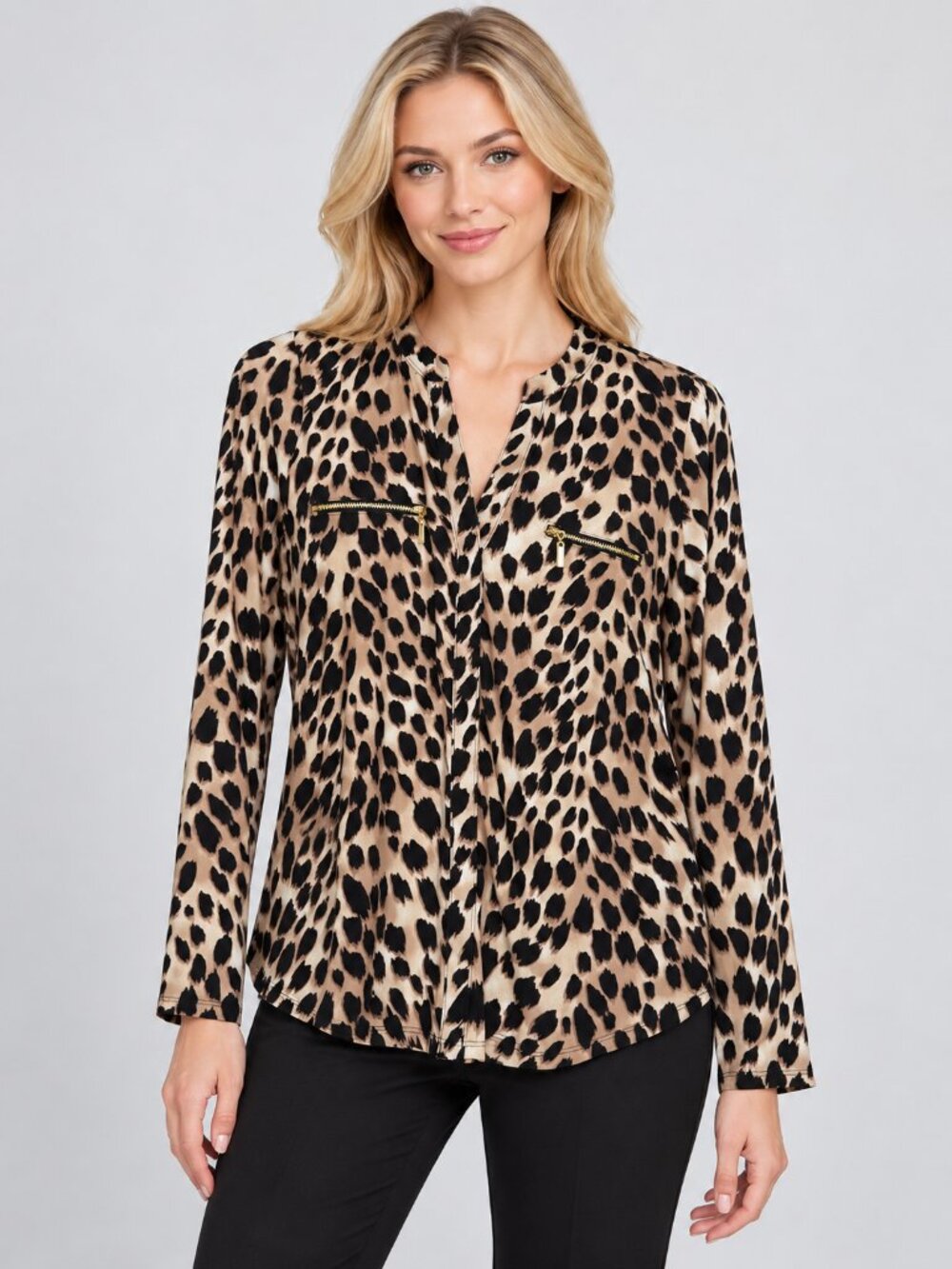 2/$30 INC Leopard Print MED Long Sleeve Blouse Gold Zipper Pockets